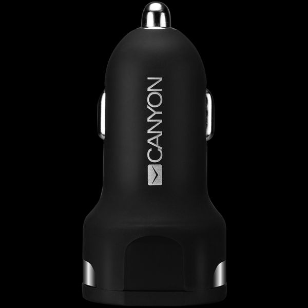 CANYON Universal  2xUSB car adapter, Input 12V-24V, Output 5V-2.4A, with Smart IC, black rubber coating with silver electroplated ring