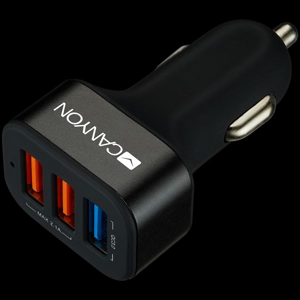 CANYON Universal 3xUSB car adapter(1 USB with Quick Charger QC3.0), Input 12-24V, Output USB/5V-2.1A+QC3.0/5V-2.4A&9V-2A&12V-1.5A, with Smart IC, black rubber coating+black metal ring+QC3.0 port with 