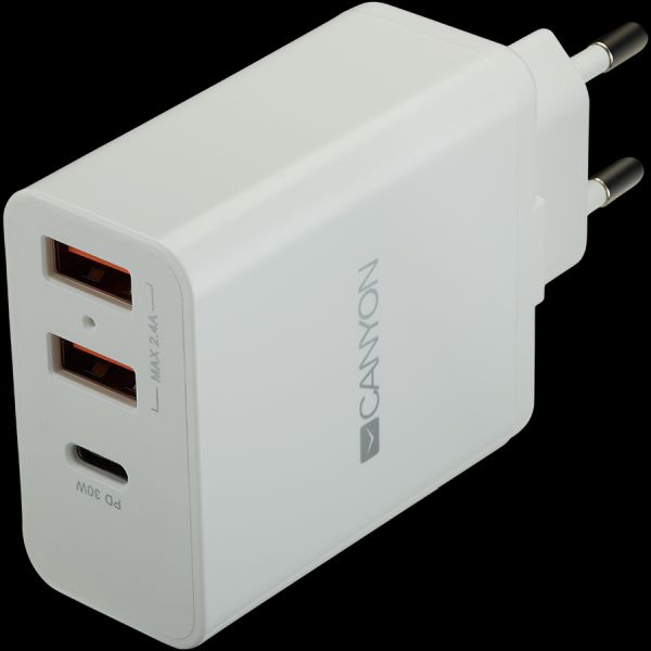CANYON Universal 3xUSB AC charger (in wall) with over-voltage protection(1 USB-C with PD Quick Charger), Input 100V-240V, OutputUSB-A/5V-2.4A+USB-C/PD30W, with Smart IC, White Glossy Color+ orange pla