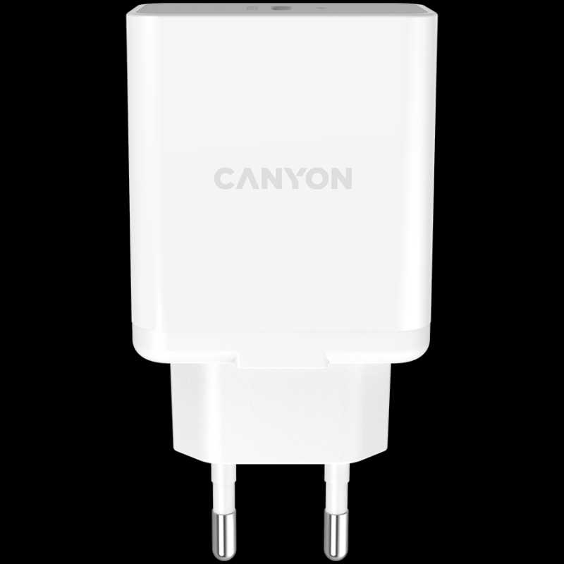 Canyon, PD WALL Charger, Input: 110V-240V, Output:PD 20W, Eu plug, Over-load,  over-heated, over-current and short circuit protection Compliant with CE RoHs,ERP. Size: 89*46*26.5mm, 52g, White