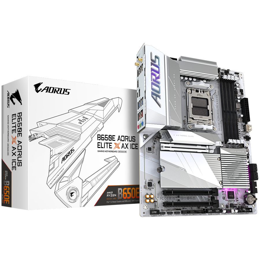 GIGABYTE Mainboard Desktop B650E A ELITE X ICE (AM5, 4xDDR5 192GB, 1x PCI-E 4.0 x16x16, 2x PCI-E 3.0 x16x1, 4x SATA, 3x M.2 PCIe 4.0, 2.5GbE LAN, ATX, Retail)