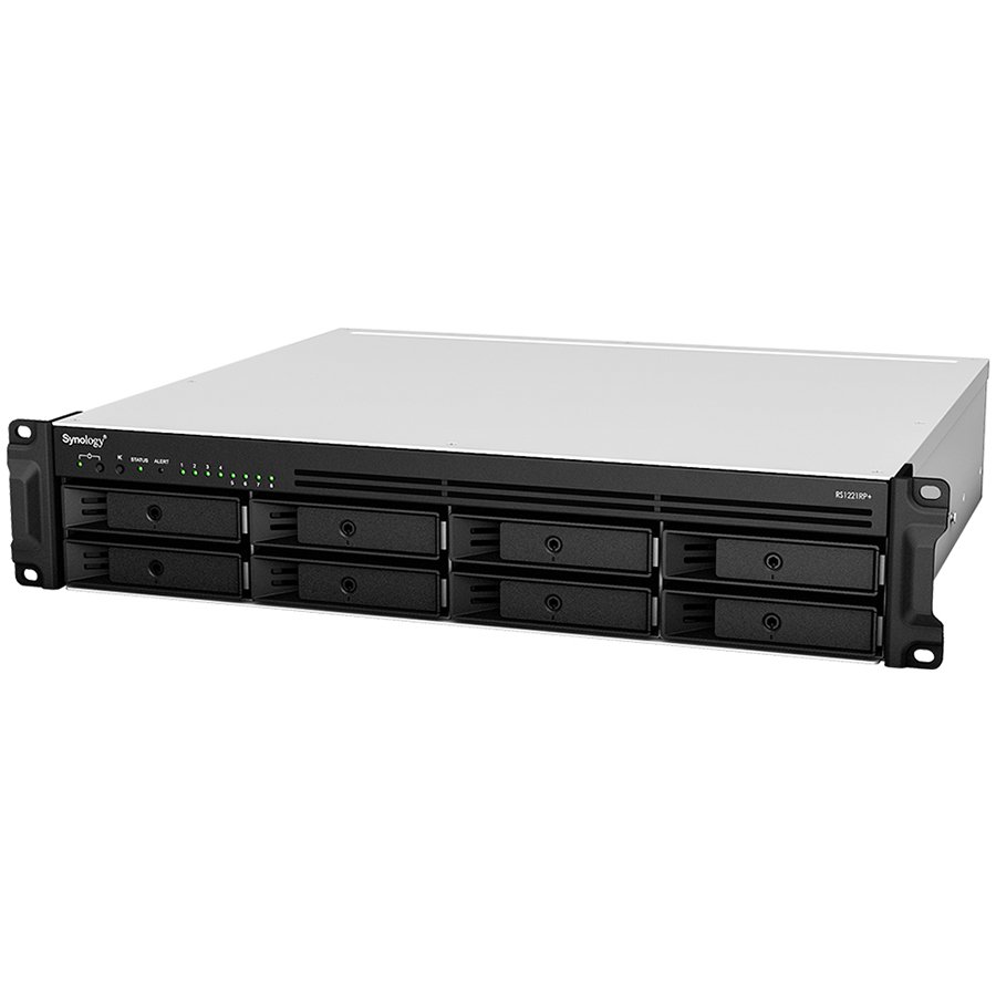 Synology RackStation RS1221RP+; Rack 2U, 8-bay 3.5''/2.5" SATA HDD/SSD, AMD Ryzen V1500B 4-core 2.2GHz; 4GB DDR4 ECC SODDIM,2x Memory slots; 4x RJ-45 1GbE LAN Port; 2xUSB 3.2; eSATA port; PCI Gen2x8 s