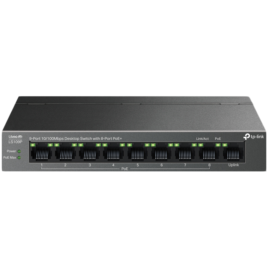 TP-Link LS109P 9-Port 10/100 Mbps Desktop Switch with 8-Port PoE+, 8× 10/100 Mbps PoE+ Ports, 1× 10/100 Mbps Non-PoE Port, 802.3at/af, 63 W PoE Power, Desktop Steel Case, Extend Mode for 250m PoE Tran