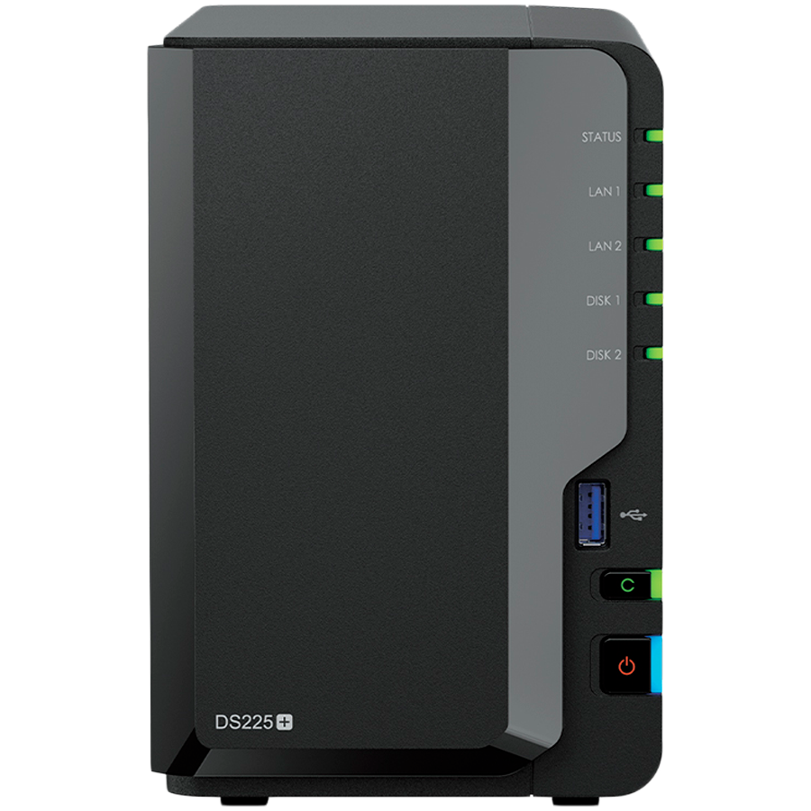 Synology DS225+, Tower, 2-bays 3.5'' SATA HDD/SSD, CPU Inte Celeron J4125 4-core (4-thread) 2.0 GHz, burst up to 2.7 GHz, 2 GB DDR4 non-ECC (expandable up to 6 GB), 1xRJ-45 1GbE LAN, 1xRJ-45 2.5 GbE L