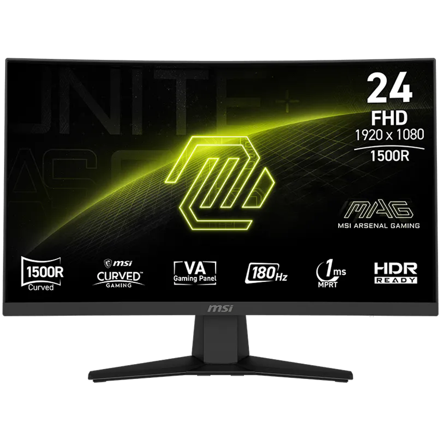 MSI MAG 244C, 23.6, VA, Curve 1500R, 1920 x 1080 (FHD), 16:9, 250 NITS, 180Hz, 1ms(MPRT), HDR Ready, 1x HDMI 2.0b (FHD, 180Hz), 1x DP 1.2a (HBR2), 1x Headphone-out, Anti-glare, VESA