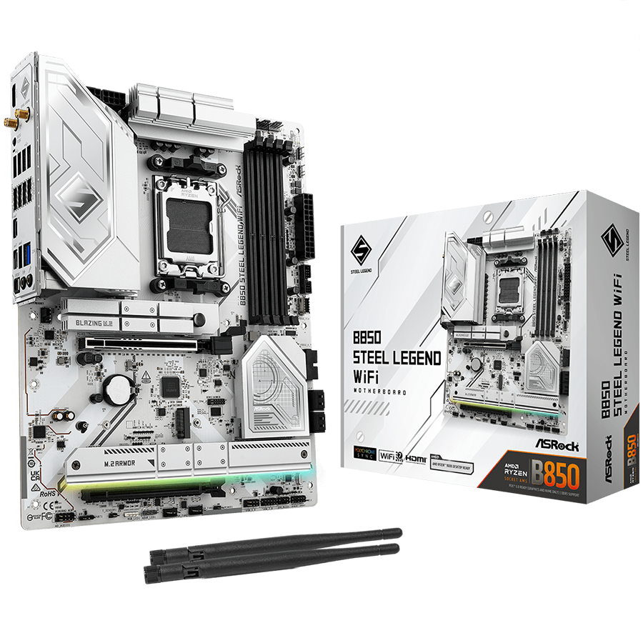 ASROCK MB Desktop B850 STEEL LEGEND WIFI, AM5, 4x DDR5, 1x PCIe 5.0 x16, 1x Blazing M.2(PCIe Gen5x4), 3x Hyper M.2, 4x SATA3, RAID 0, 1, 10, 7.1 CH HD Audio, 1x HDMI, 9x USB 3.2, 8x USB 2.0, 3x USB-C,