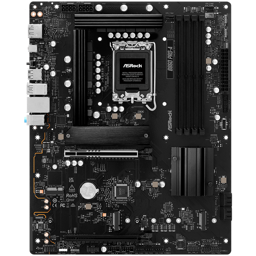 ASROCK MB Desktop B860 PRO-A, S.1851, 4x DDR5, 1x PCIe 5.0 x16, 1x PCIe 4.0 x4, 1x Blazing M.2, 2x Hyper M.2, 4x SATA3, 2x USB-C, 8x USB 3.2, 6x USB 2.0, 1x HDMI, 1x DP, 1x RJ-45 2.5 GB Lan, ATX, 90-M