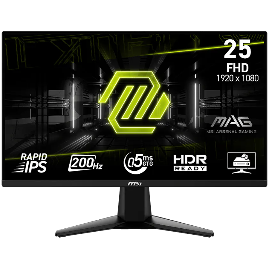 MSI MAG 255F E20, 24.5", Rapid IPS, 1920x1080 (FullHD), 200Hz, 300 Nits, 0.5ms, AMD FreeSync Premium, HDR Ready, 2x HDMI 2.0b, 1x DP 1.2a, 1x Headphone-out, Tilt, VESA