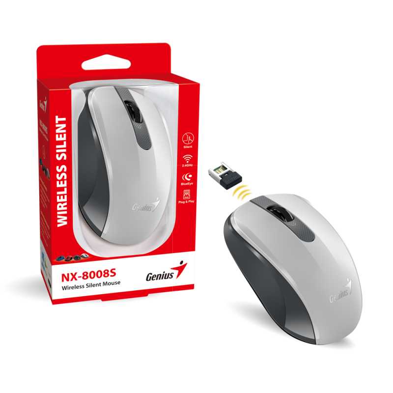 Genius NX-8008S, bežični miš, silent, bijela/siva, 31030028403