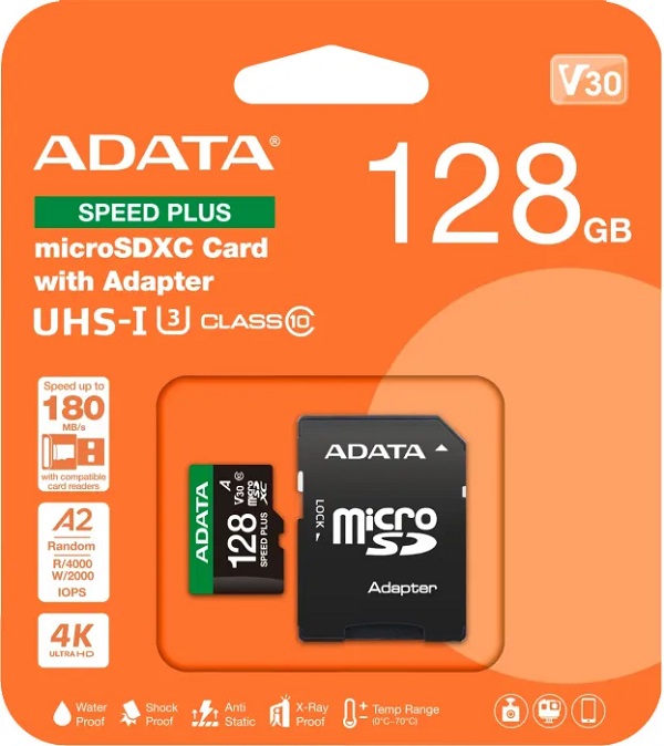 ADATA microSD U3, V30, 180/160MBs, 128GB, UD128GUI3V30A2SP-RA1