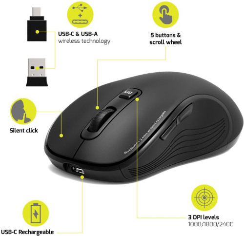 Port miš ESSENTIEL WL+BT, USB-C, punjivi, crni, 910010