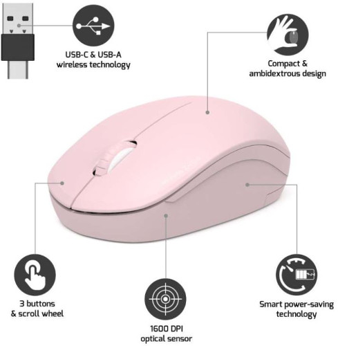 Port miš OFFICE bežični USB-A/USB-C, roza, 900541