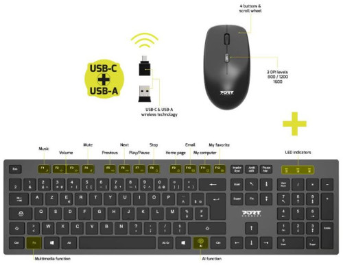 Port bežična tipkovnica i miš,USB-A/C,SMART Azerty, 911250SLO